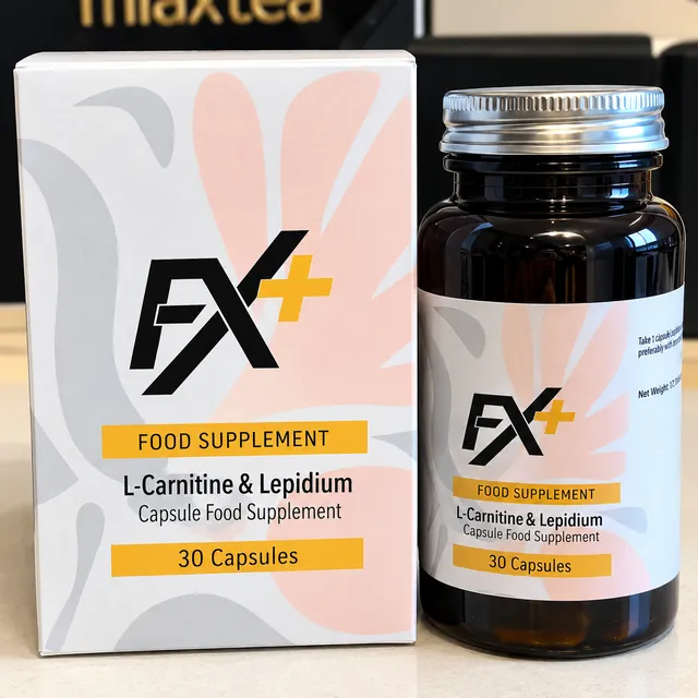 Caja y bote de FX+ con L-carnitina y lepidium