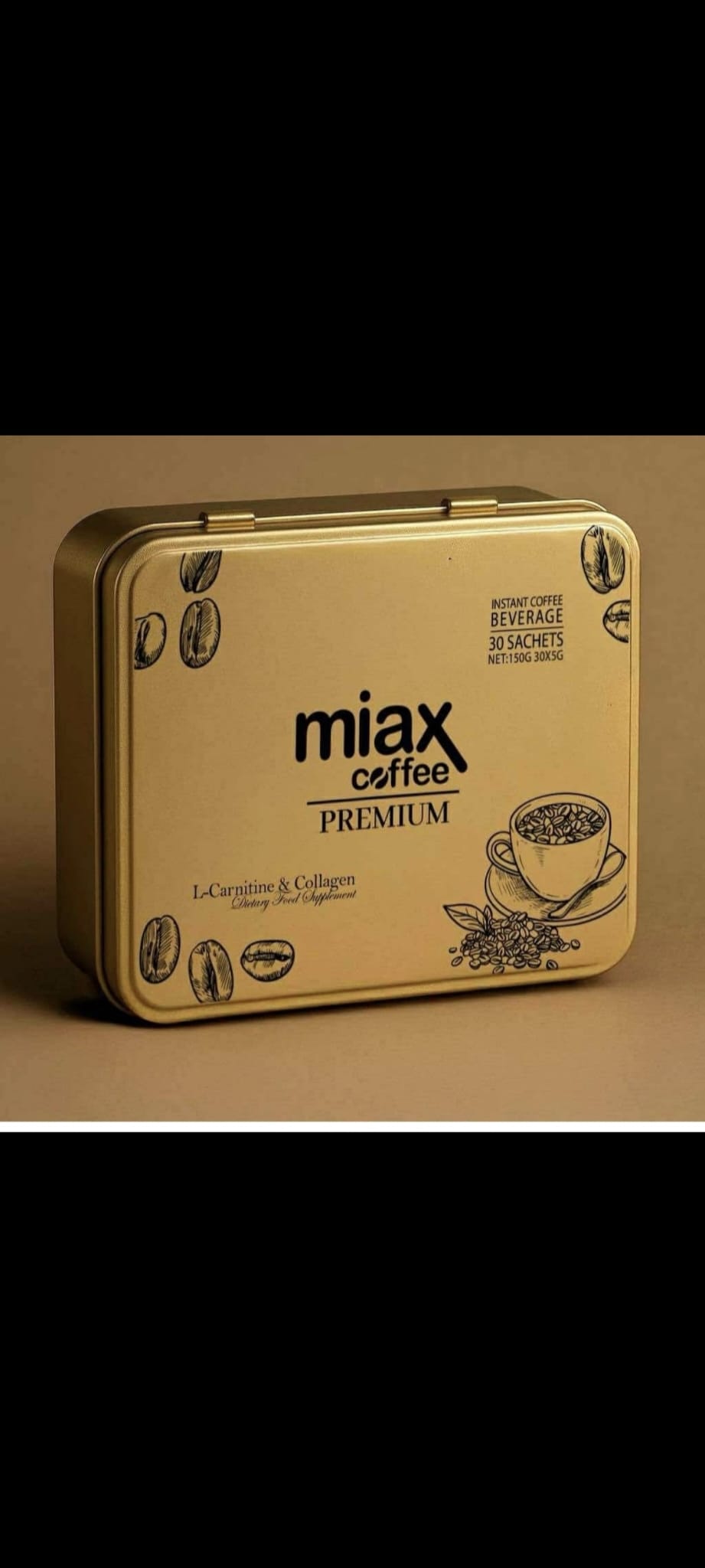 Lata dorada de Miax Coffee Premium, 30 sobres de café instantáneo