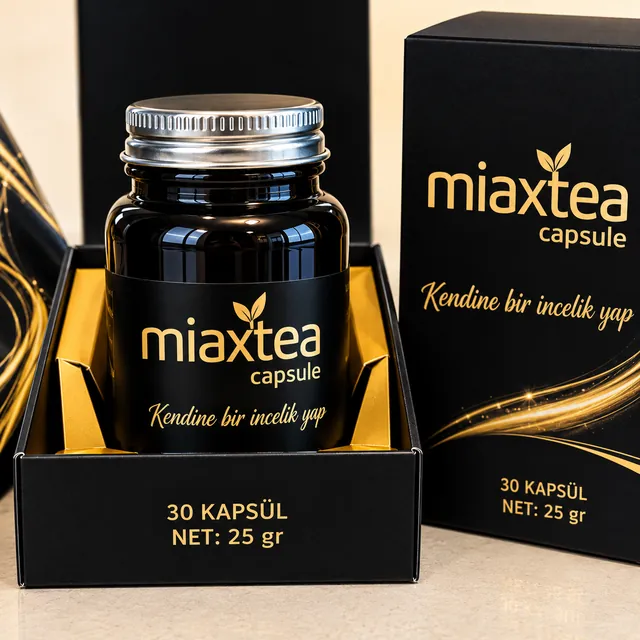Bote negro de MiaxTea cápsulas junto a su caja