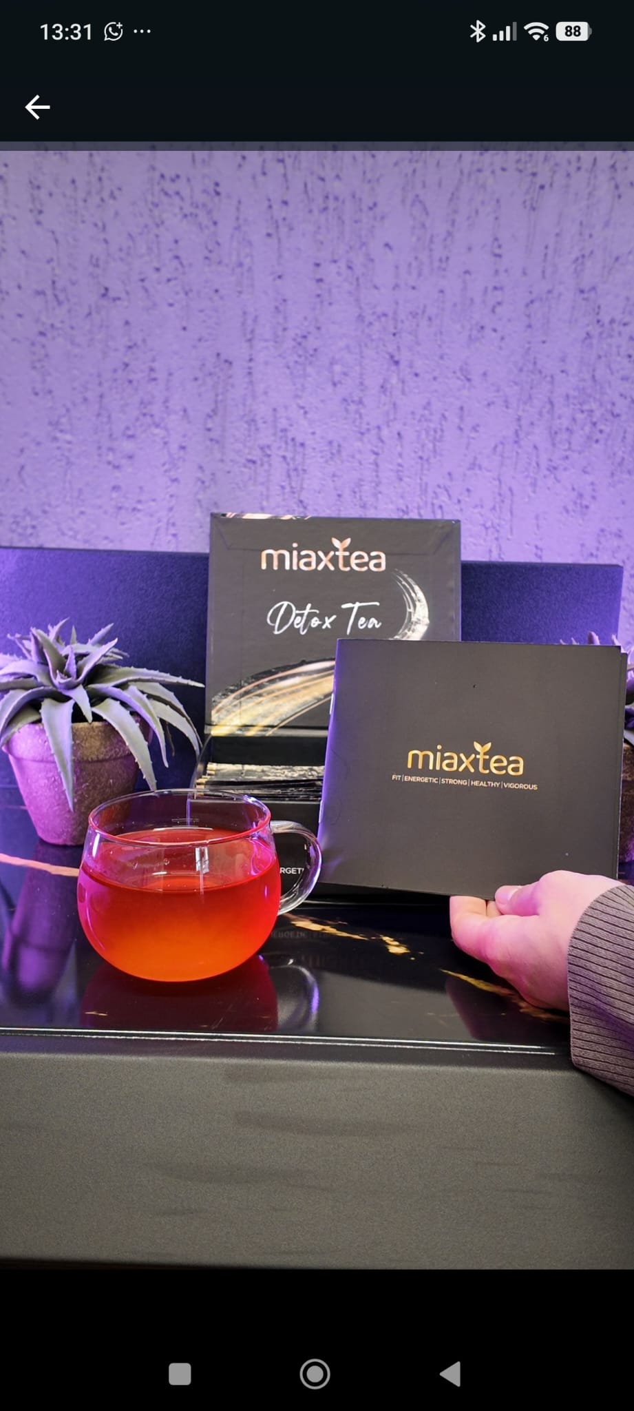 Caja de MiaxTea Detox Tea con sus sobres, folleto y taza de cristal